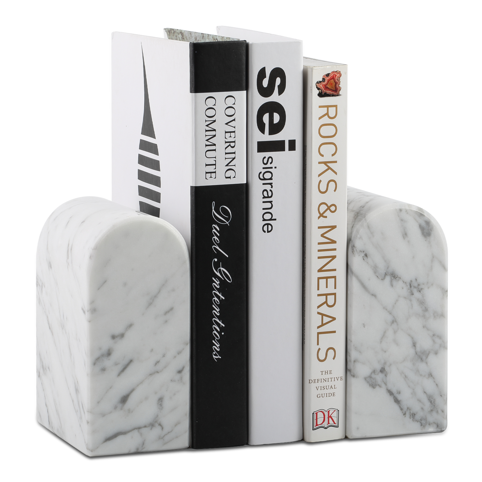 Koville triumphal arch bookend for shelf styling in Bianco Carrara natural stone