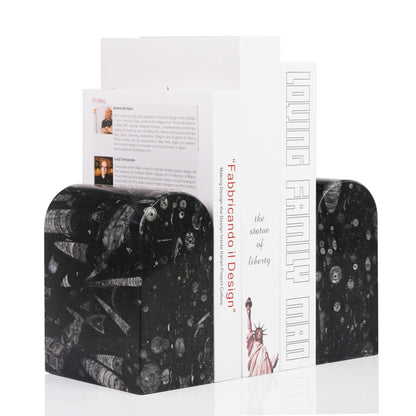 Koville triumphal arch bookend for shelf styling in Black Fossil natural stone
