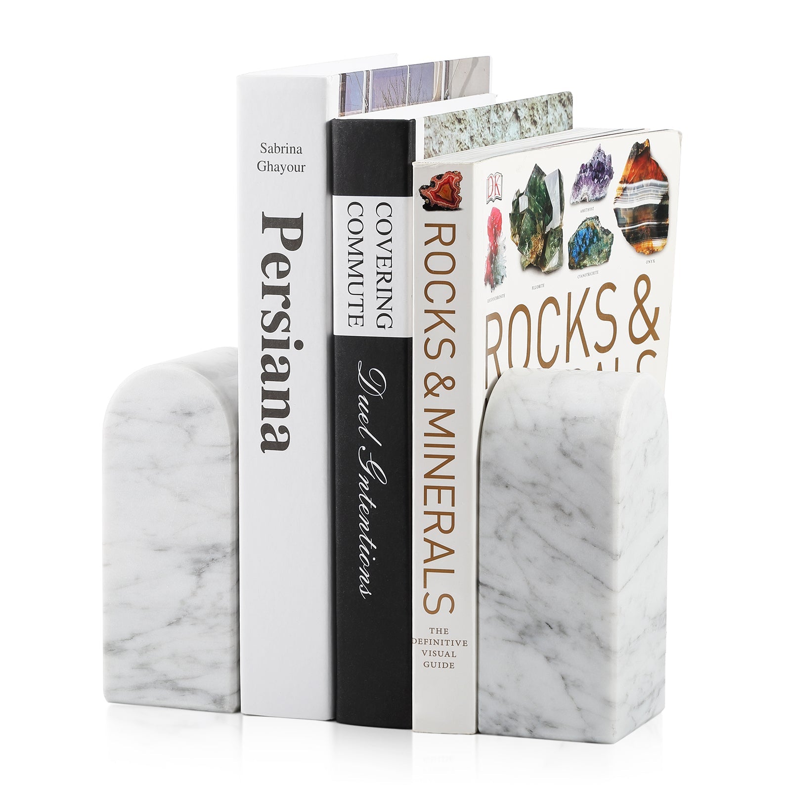 Koville medium triumphal arch bookends for shelf styling in Bianco Carrara natural stone