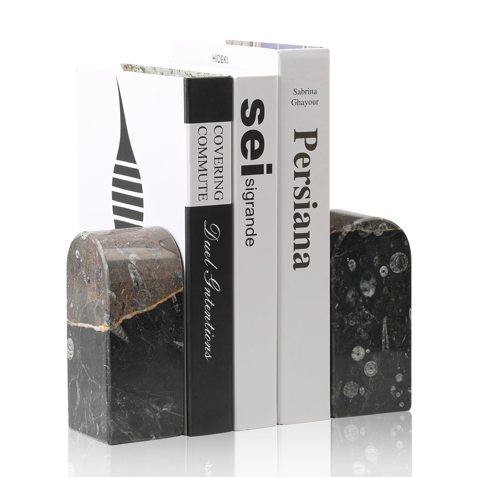 Koville medium triumphal arch bookends for shelf styling in Black Fossil natural stone
