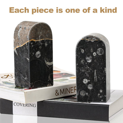 Koville medium triumphal arch bookends for shelf styling in Black Fossil natural stone