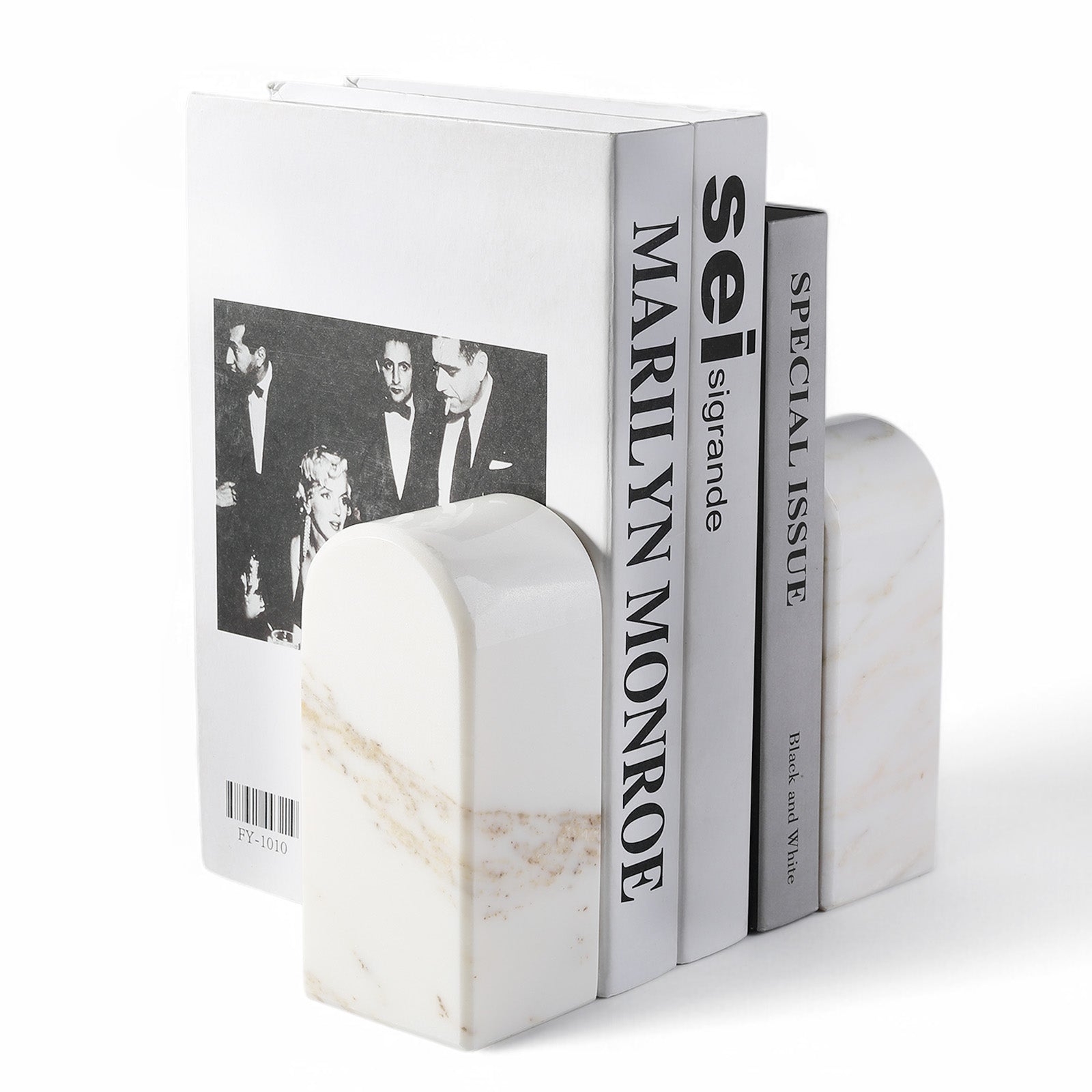 Koville medium triumphal arch bookends for shelf styling in Golden Calacatta natural stone