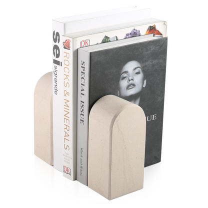 Koville medium triumphal arch bookends for shelf styling in Moleanos Beige natural stone