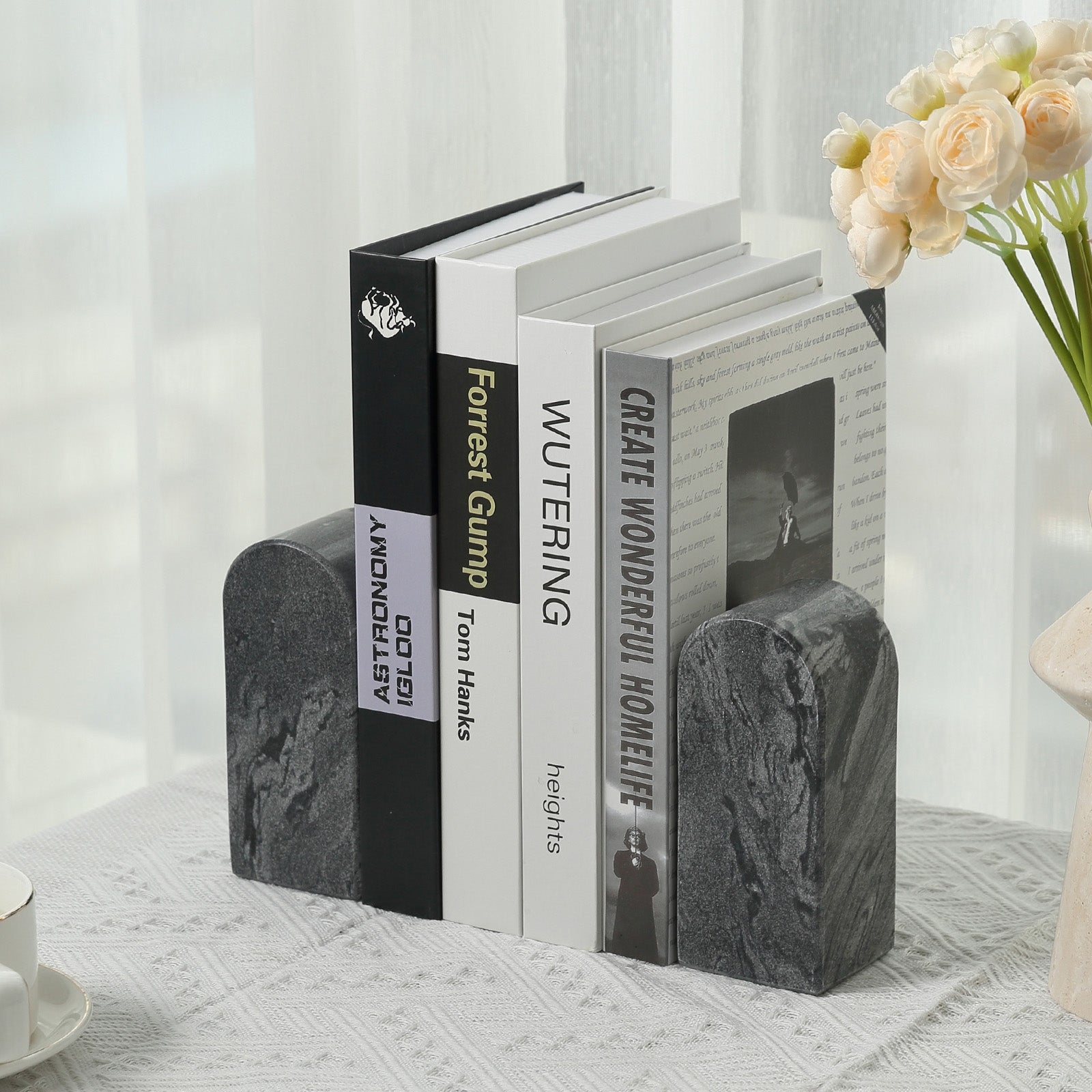 Koville medium triumphal arch bookends for shelf styling in Monte Grigio natural stone