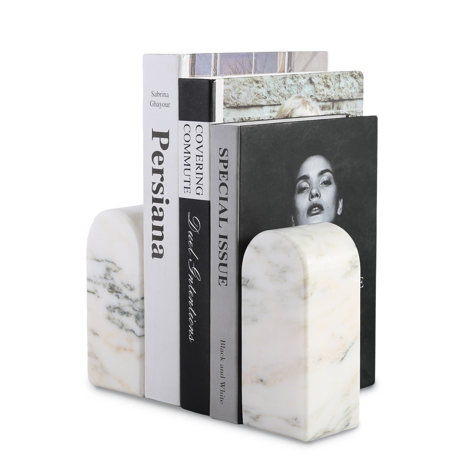 Koville medium triumphal arch bookends for shelf styling in Oriental Calacatta natural stone