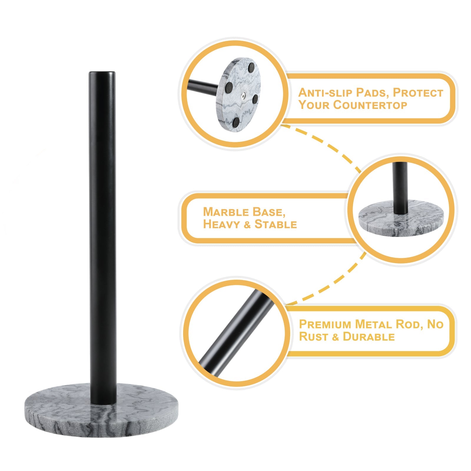 Koville Natural Stone Paper Towel Holder with Black Metal Rod, 5.9 in Base in natural stone