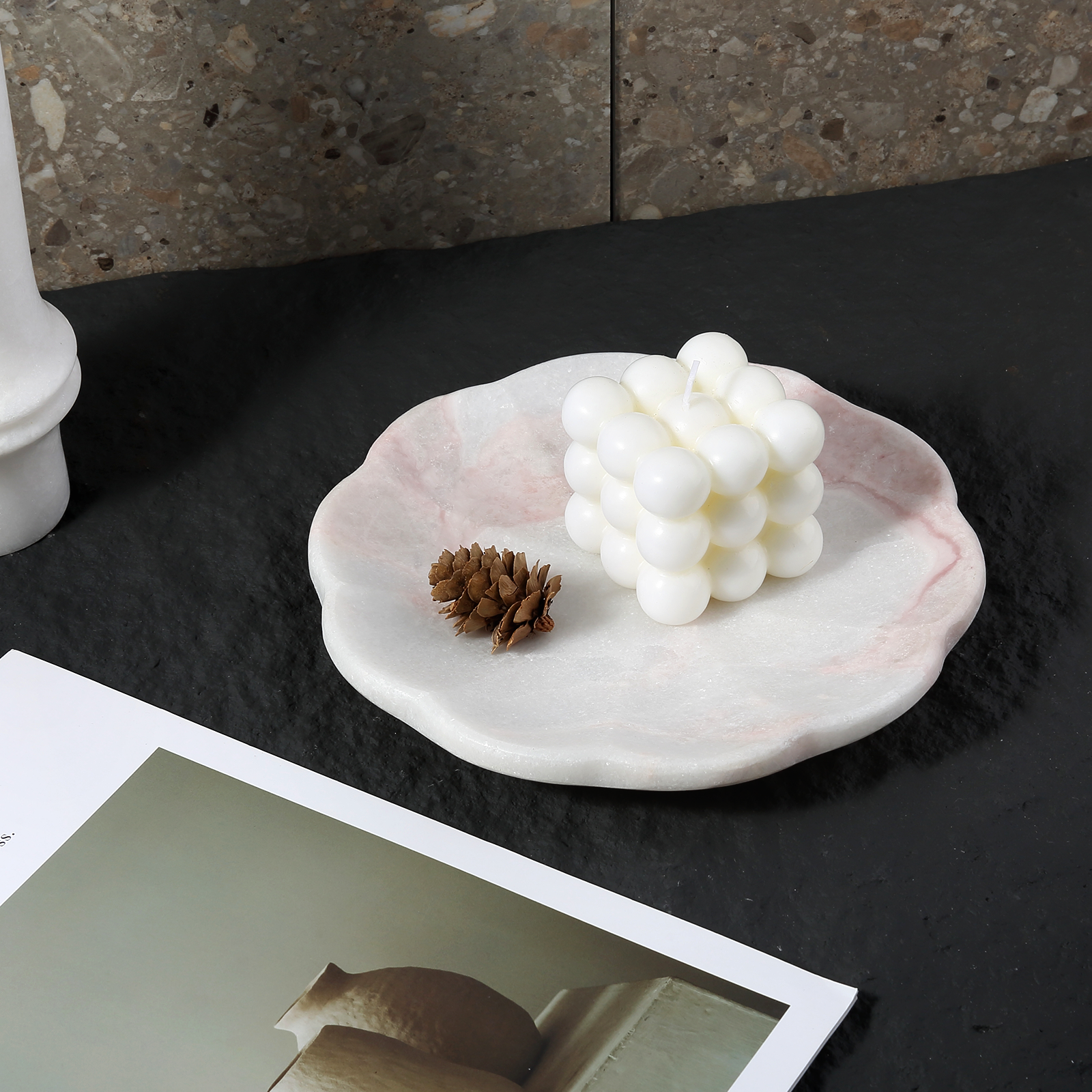 Koville pumpkin serving tray for table styling in Namibia Rose natural stone