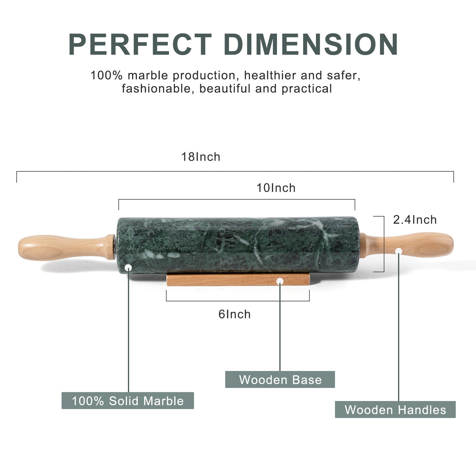 Koville Marble Rolling Pin, 9.8 in x 2.4 in in natural stone  IndianGreen