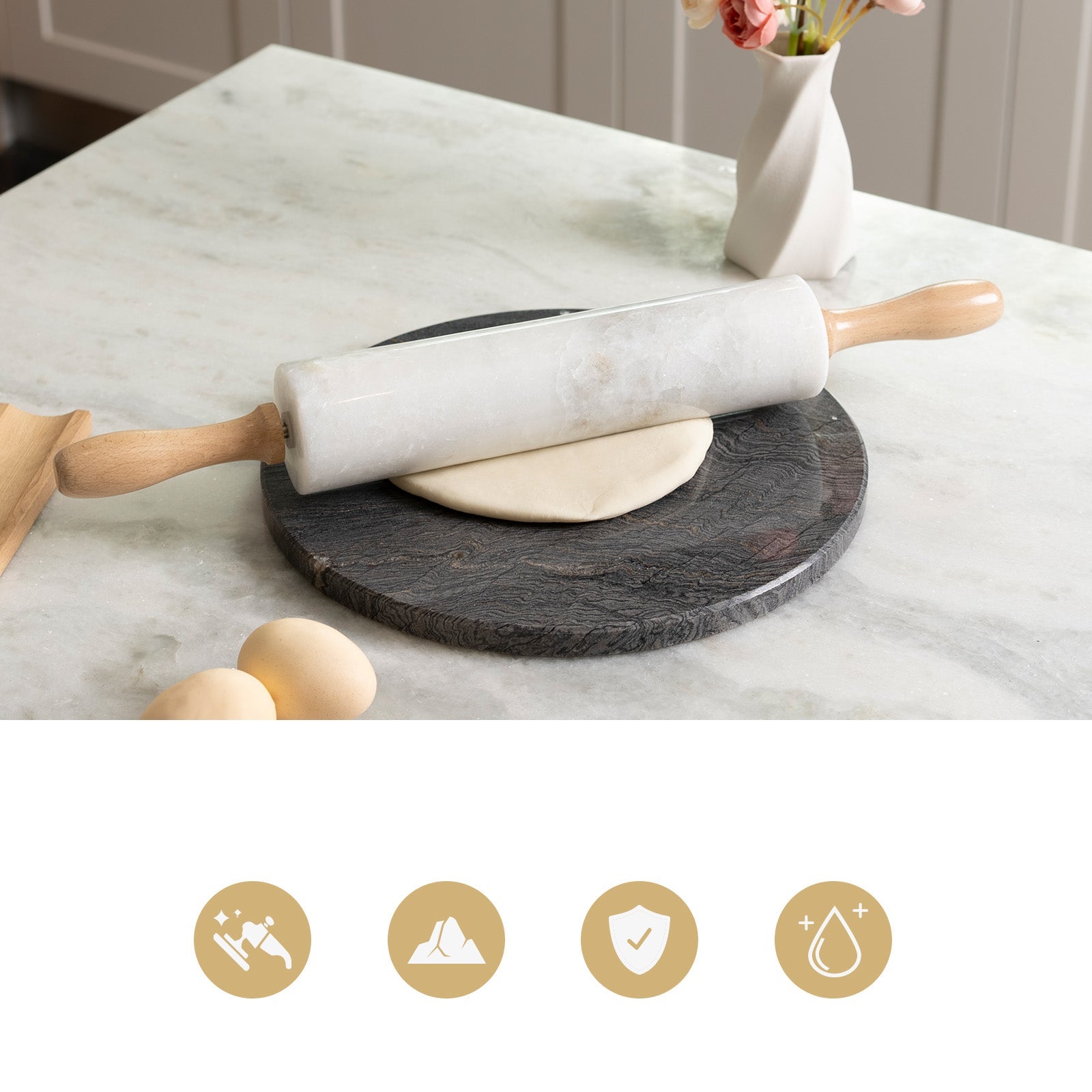 Koville Marble Rolling Pin, 9.8 in x 2.4 in in natural stone