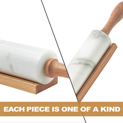 Koville Marble Rolling Pin with Wooden Rack, 9.8 in in natural stone