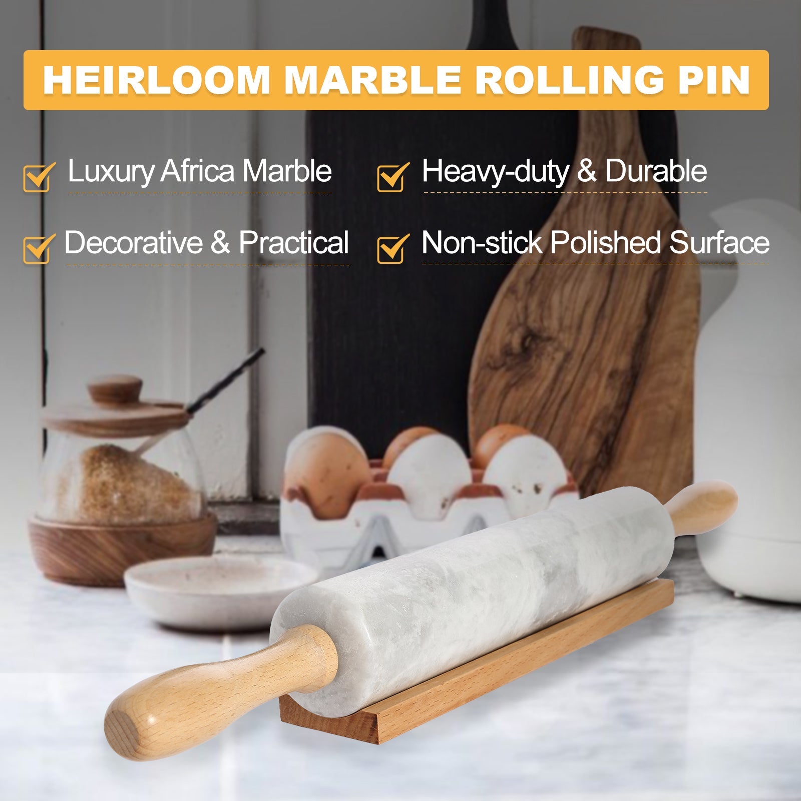 Koville Marble Rolling Pin Pro with Wooden Rack, Scraper & Pastry Guide Pads in natural stone