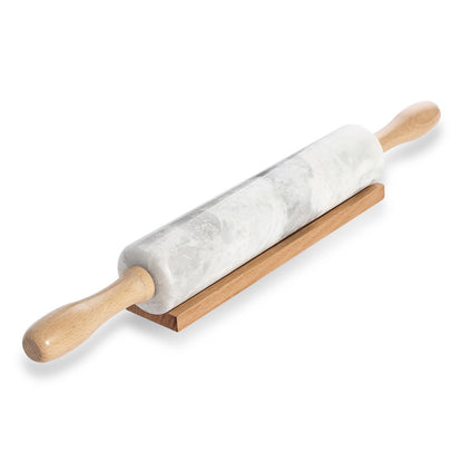 Koville Marble Rolling Pin Pro with Wooden Rack, Scraper & Pastry Guide Pads in natural stone