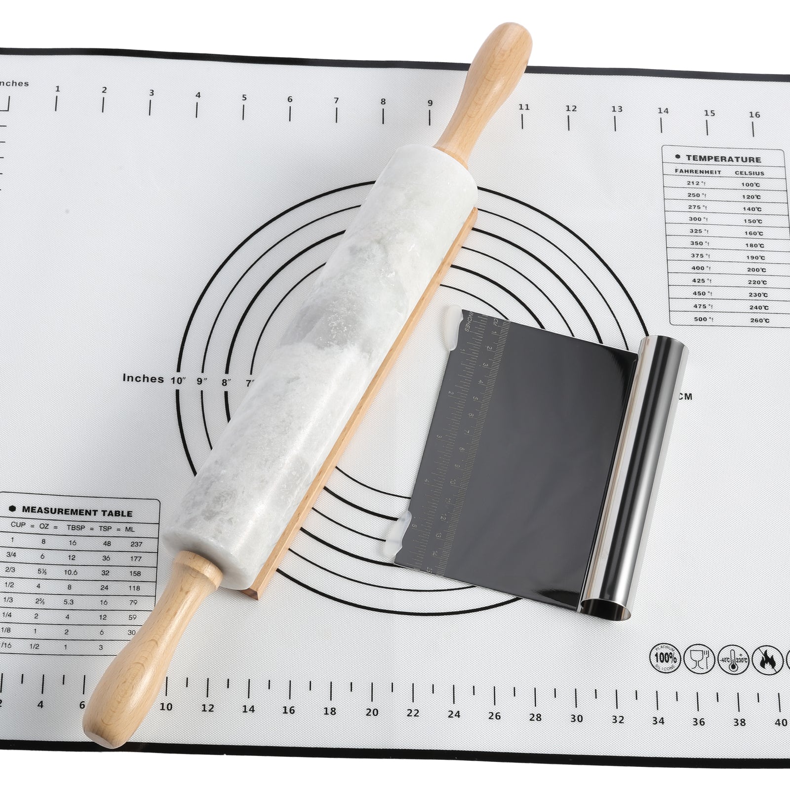 Koville Marble Rolling Pin Pro with Wooden Rack, Scraper & Pastry Guide Pads in natural stone