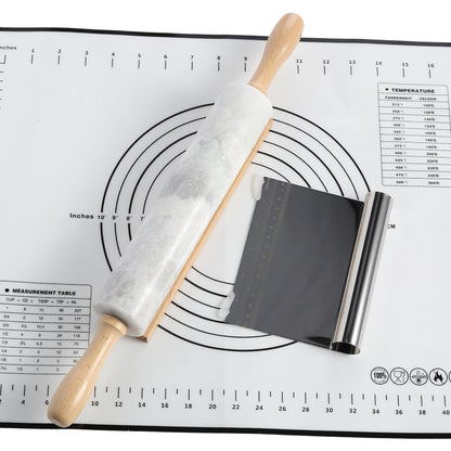 Koville Marble Rolling Pin Pro with Wooden Rack, Scraper & Pastry Guide Pads in natural stone