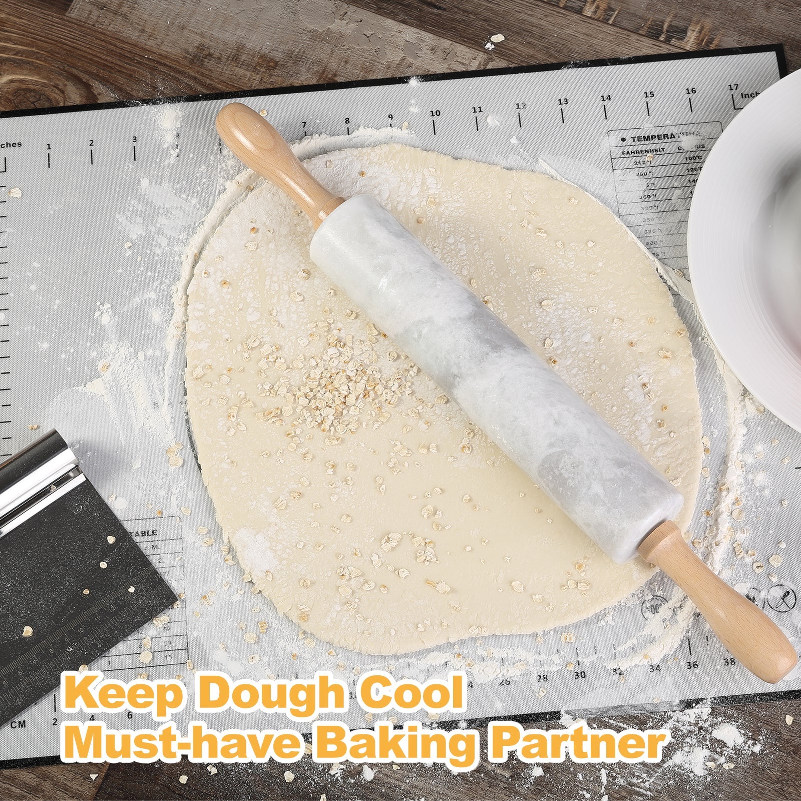 Koville Marble Rolling Pin Pro with Wooden Rack, Scraper & Pastry Guide Pads in natural stone