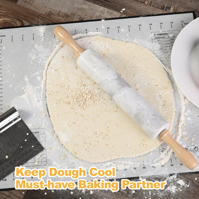 Koville Marble Rolling Pin Pro with Wooden Rack, Scraper & Pastry Guide Pads in natural stone