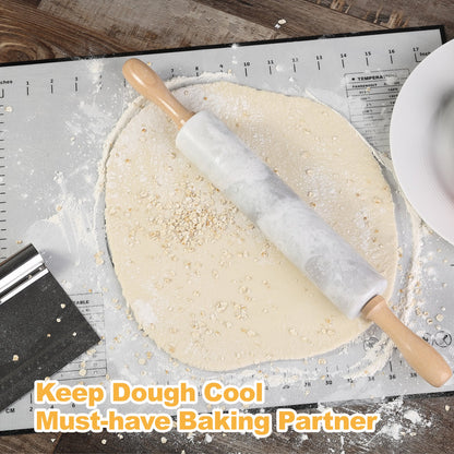Koville Marble Rolling Pin Pro with Wooden Rack, Scraper & Pastry Guide Pads in natural stone