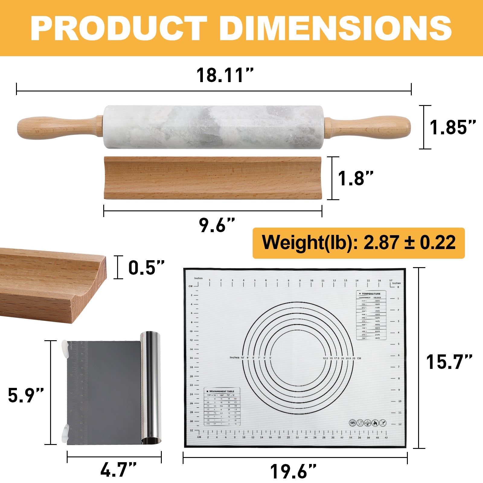 Koville Marble Rolling Pin Pro with Wooden Rack, Scraper & Pastry Guide Pads in natural stone