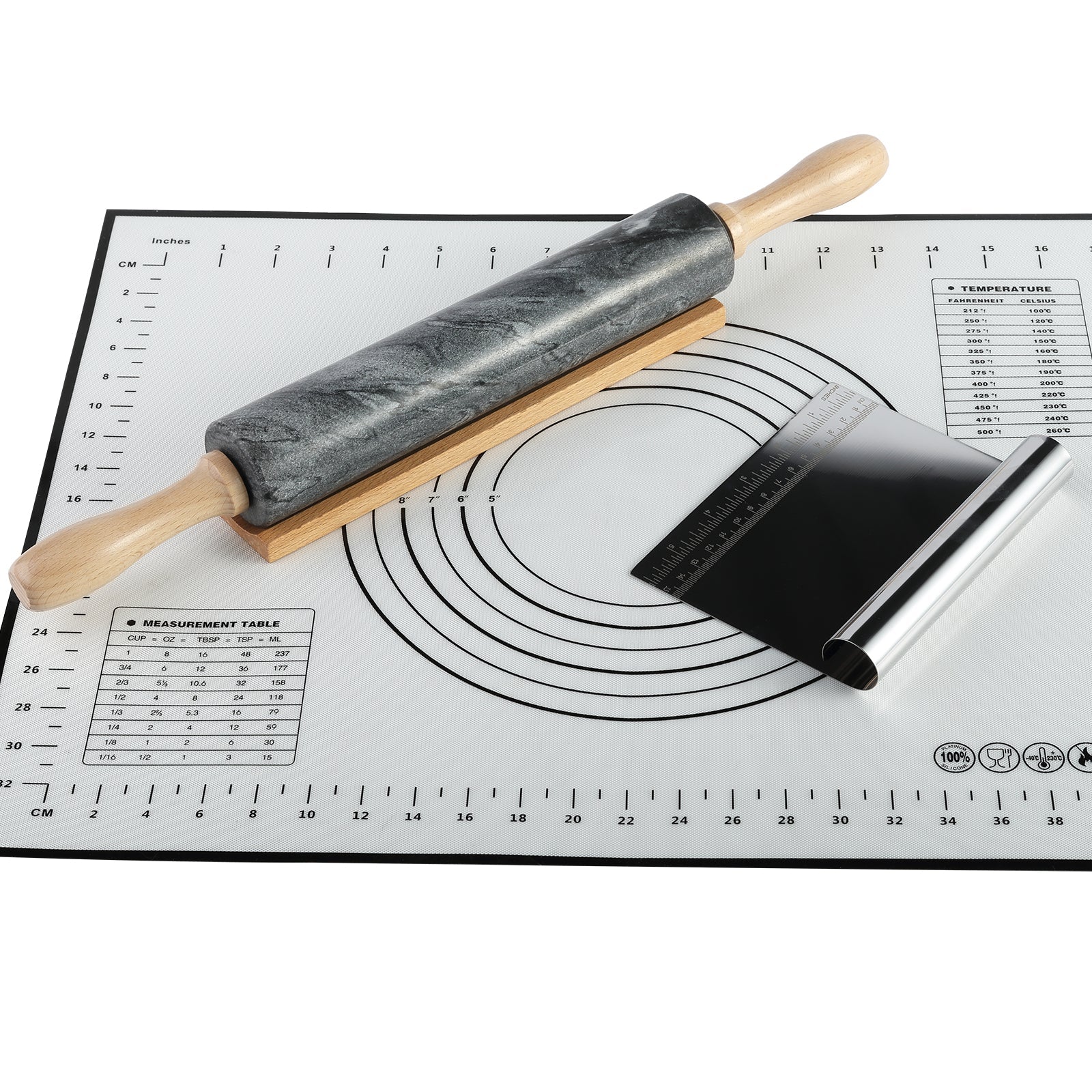 Koville Marble Rolling Pin Pro with Wooden Rack, Scraper & Pastry Guide Pads in natural stone