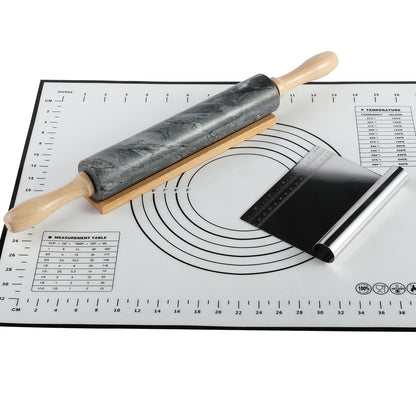 Koville Marble Rolling Pin Pro with Wooden Rack, Scraper & Pastry Guide Pads in natural stone
