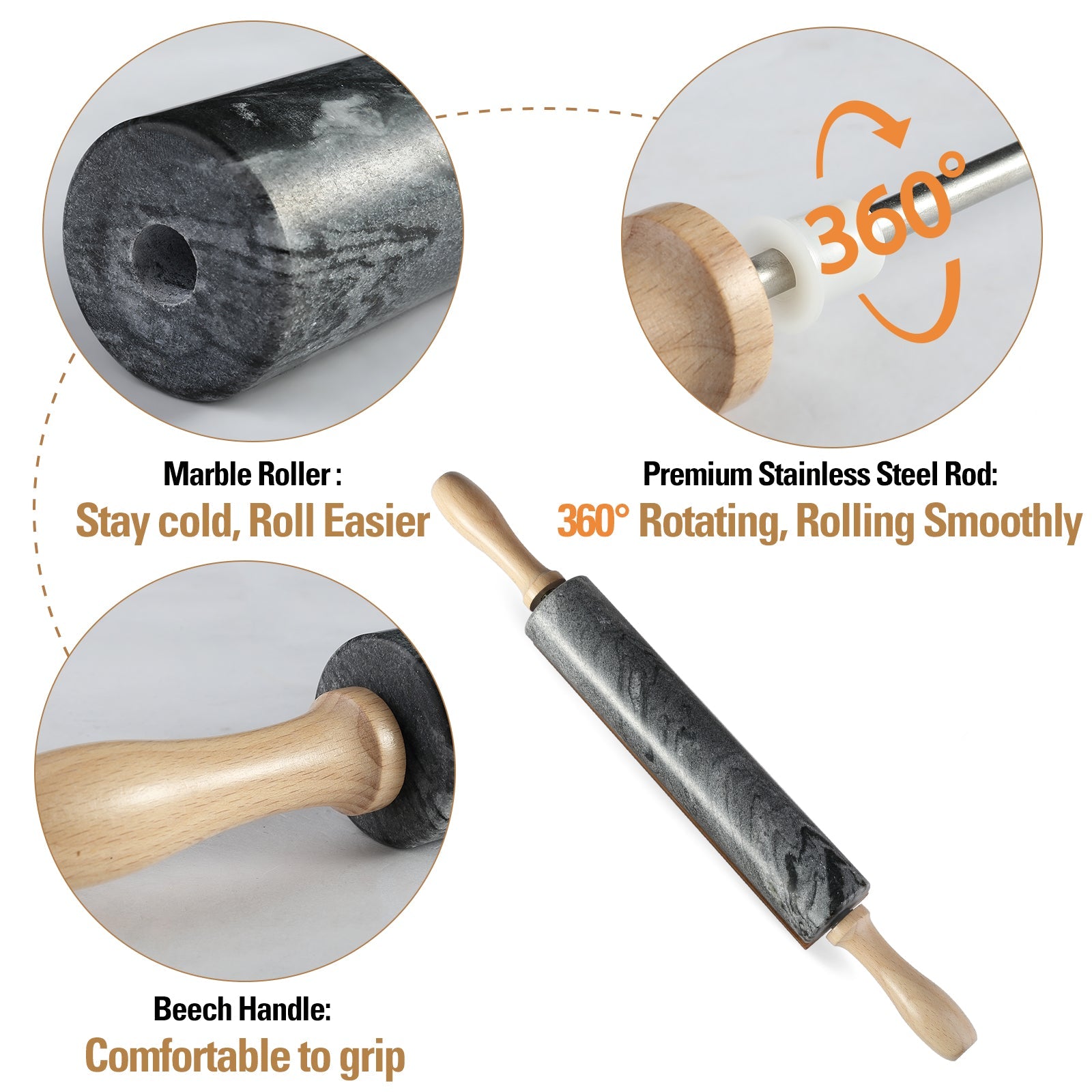 Koville Marble Rolling Pin Pro with Wooden Rack, Scraper & Pastry Guide Pads in natural stone
