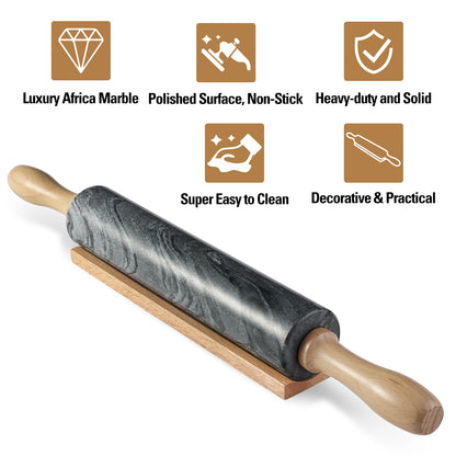 Koville Marble Rolling Pin Pro with Wooden Rack, Scraper & Pastry Guide Pads in natural stone