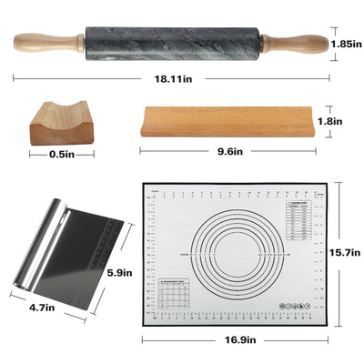Koville Marble Rolling Pin Pro with Wooden Rack, Scraper & Pastry Guide Pads in natural stone