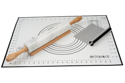 Koville Marble Rolling Pin Pro with Wooden Rack, Scraper & Pastry Guide Pads in natural stone