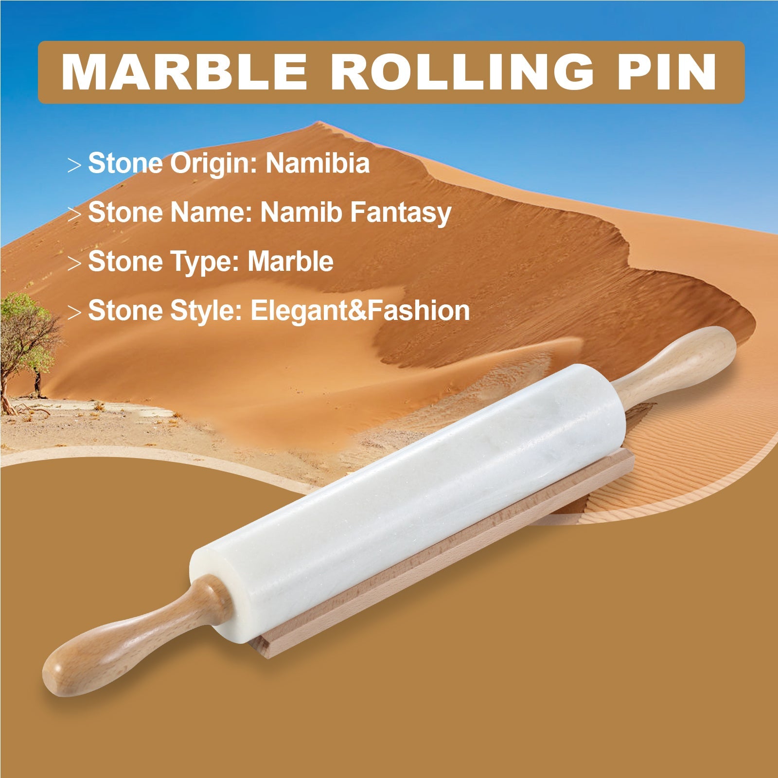 Koville Marble Rolling Pin Pro with Wooden Rack, Scraper & Pastry Guide Pads in natural stone