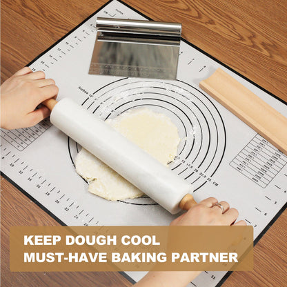 Koville Marble Rolling Pin Pro with Wooden Rack, Scraper & Pastry Guide Pads in natural stone