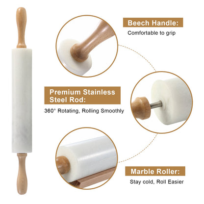 Koville Marble Rolling Pin Pro with Wooden Rack, Scraper & Pastry Guide Pads in natural stone