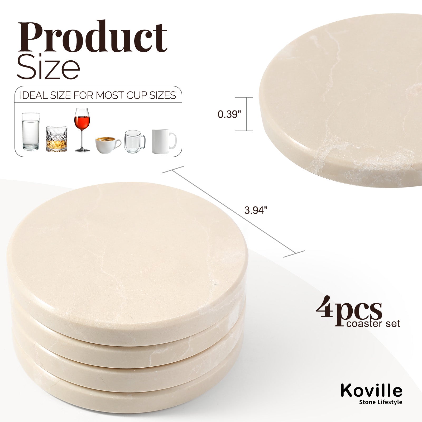 Koville Natural Stone Round Coaster Sets in Botticino Beige, product view 8