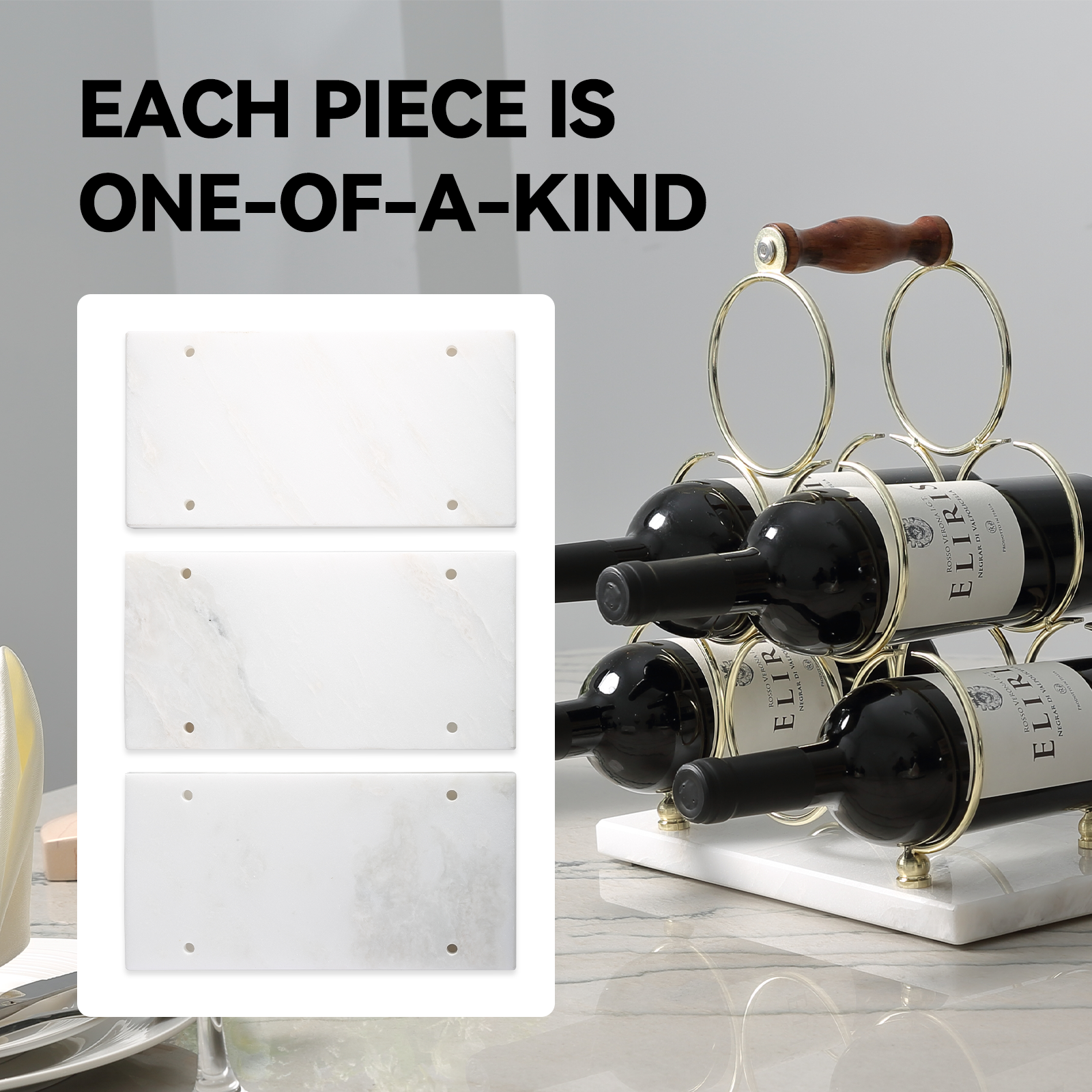 Koville Natural Stone Wine Rack in Karibib Ice on a kitchen counter holding wine bottles