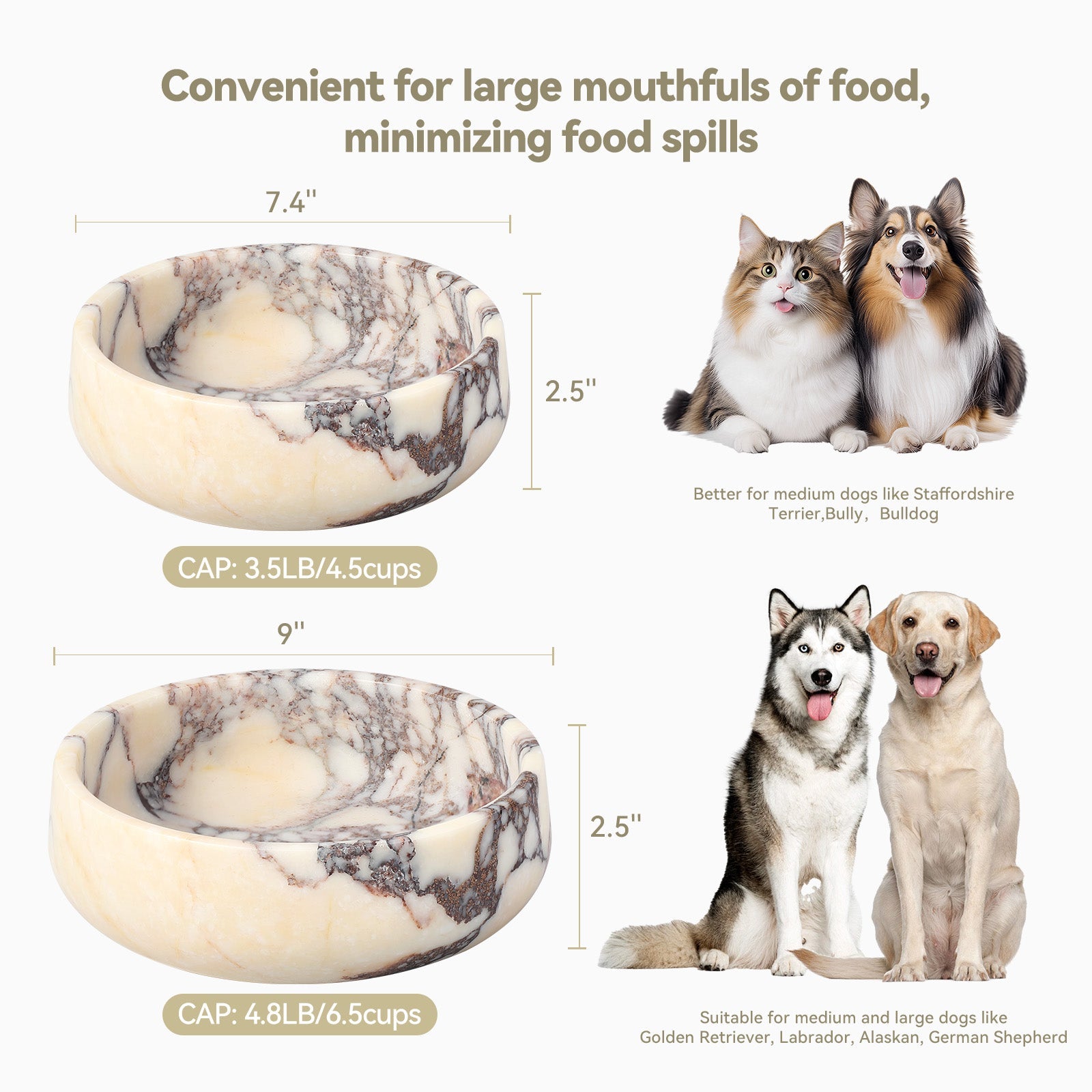 Koville natural stone pet bowl in Calacatta Viola