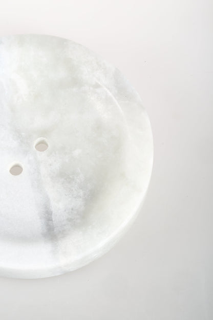 Koville Namib Fantasy marble round soap dish with recessed center with a gently recessed center for bar soap for a bathroom vanity or shower ledge