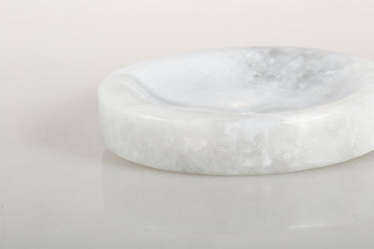 Koville Namib Fantasy marble round soap dish with recessed center with a gently recessed center for bar soap for a bathroom vanity or shower ledge