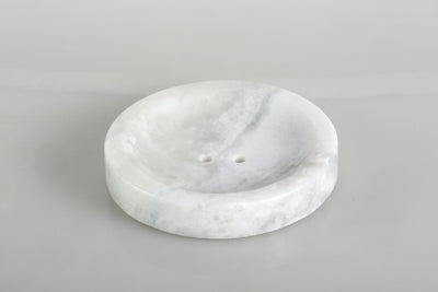 Koville Namib Fantasy marble round soap dish with recessed center with a gently recessed center for bar soap for a bathroom vanity or shower ledge