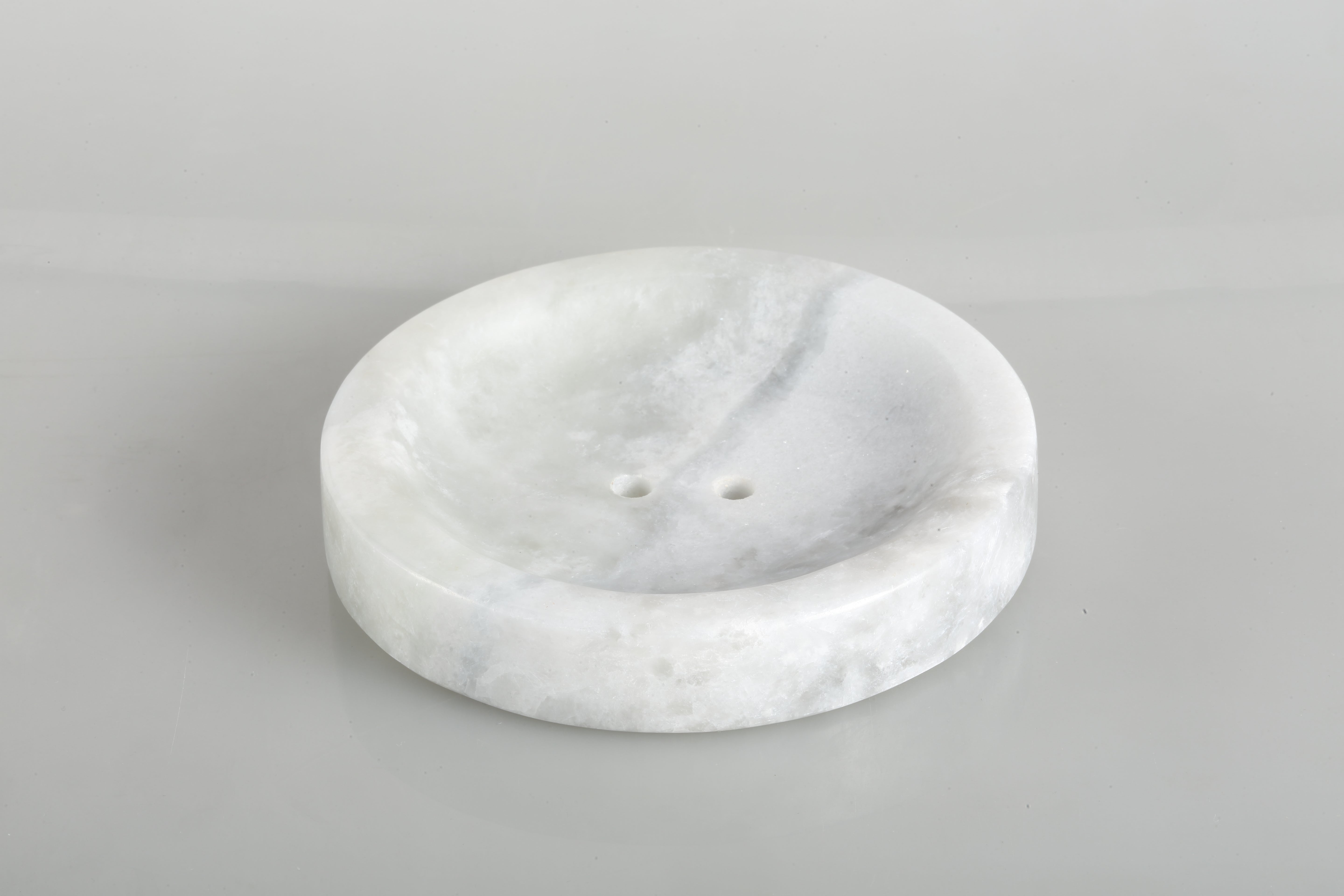 Koville Namib Fantasy marble round soap dish with recessed center with a gently recessed center for bar soap for a bathroom vanity or shower ledge