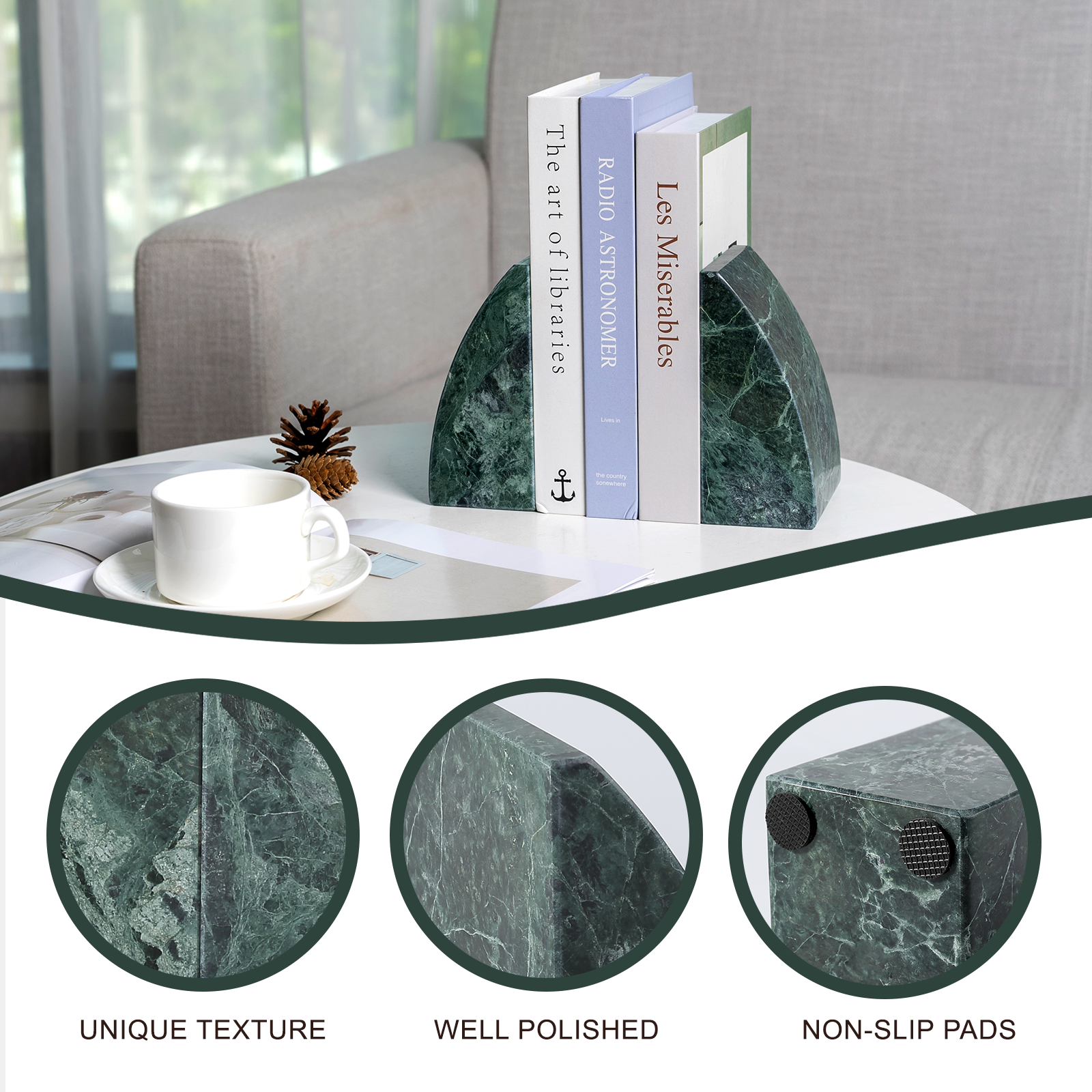 Koville Natural Stone Sailboat Bookend Set for Shelf Styling in Verde Alpi - product presentation