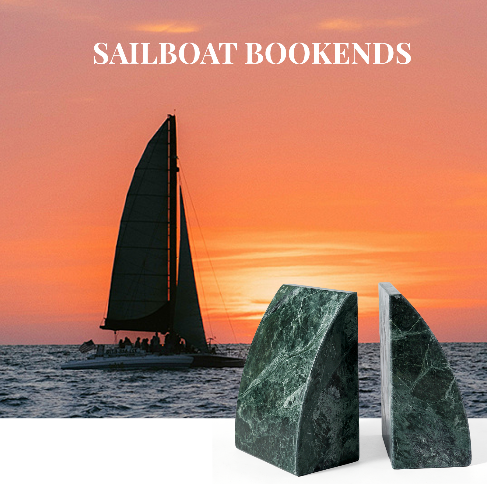 Koville Natural Stone Sailboat Bookend Set for Shelf Styling in Verde Alpi - decorative form