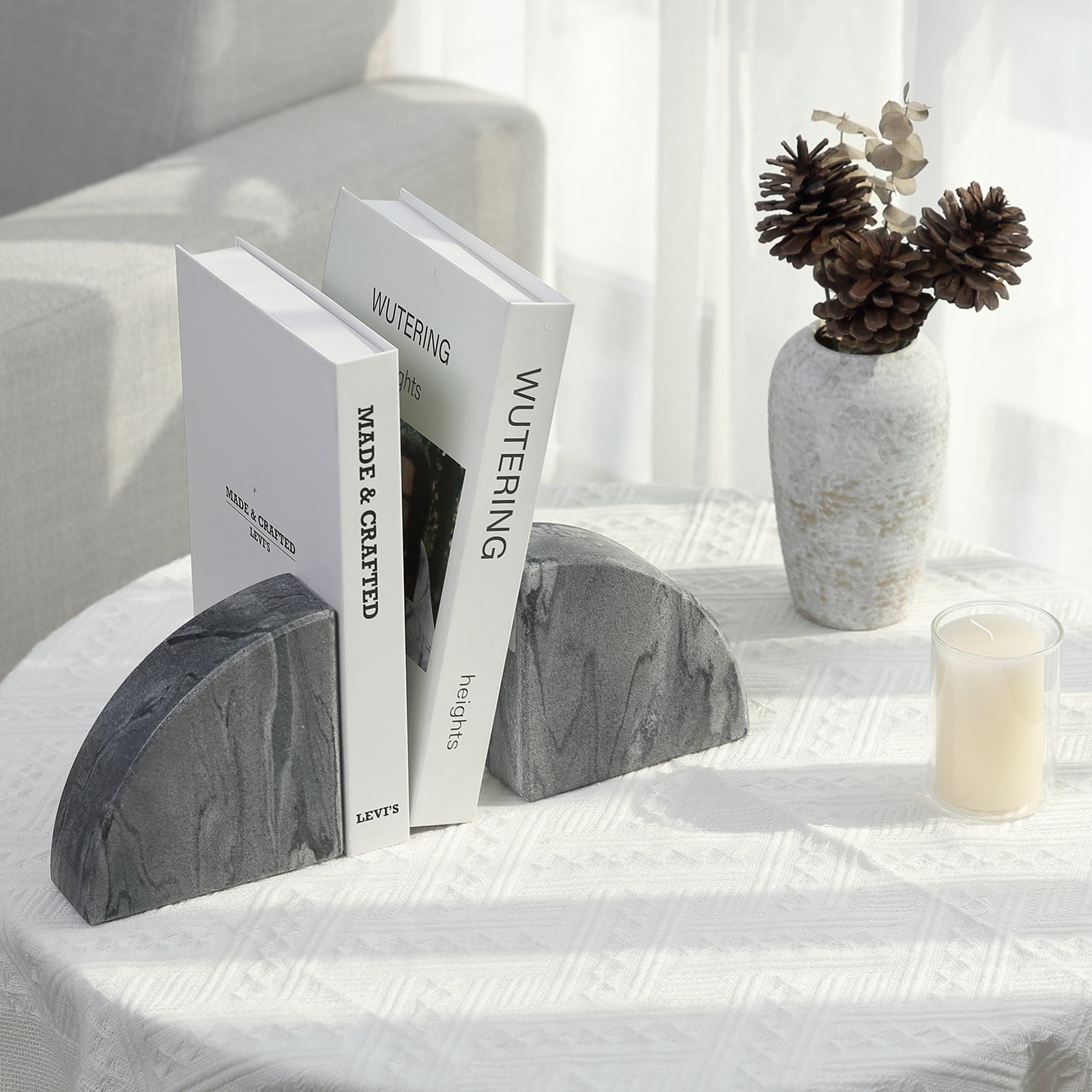 Koville Natural Stone Sailboat Bookend Set for Shelf Styling in Monte Grigio - product presentation