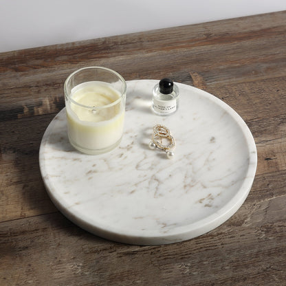 Koville round serving tray in multiple sizes for table styling in Volakas natural stone