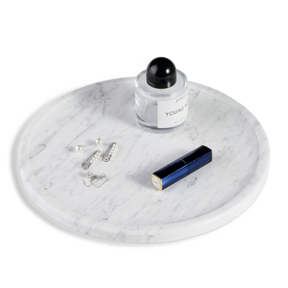 Koville round serving tray in multiple sizes for table styling in Bianco Carrara natural stone