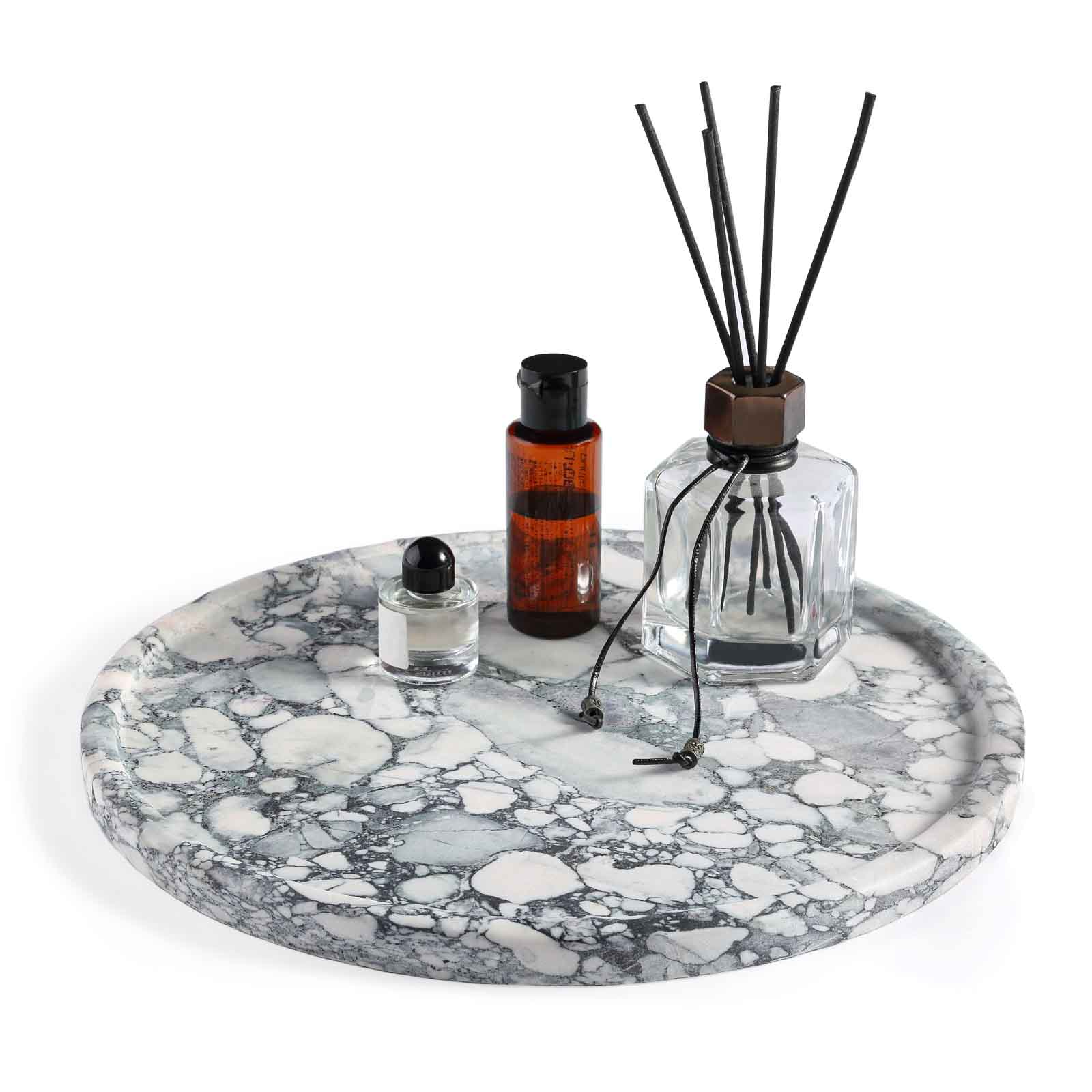 Koville round serving tray in multiple sizes for table styling in Calacatta Viola natural stone