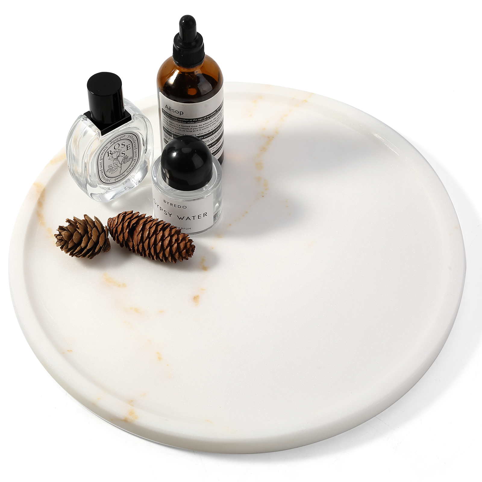 Koville round serving tray in multiple sizes for table styling in Golden Calacatta natural stone