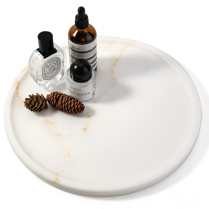 Koville round serving tray in multiple sizes for table styling in Golden Calacatta natural stone