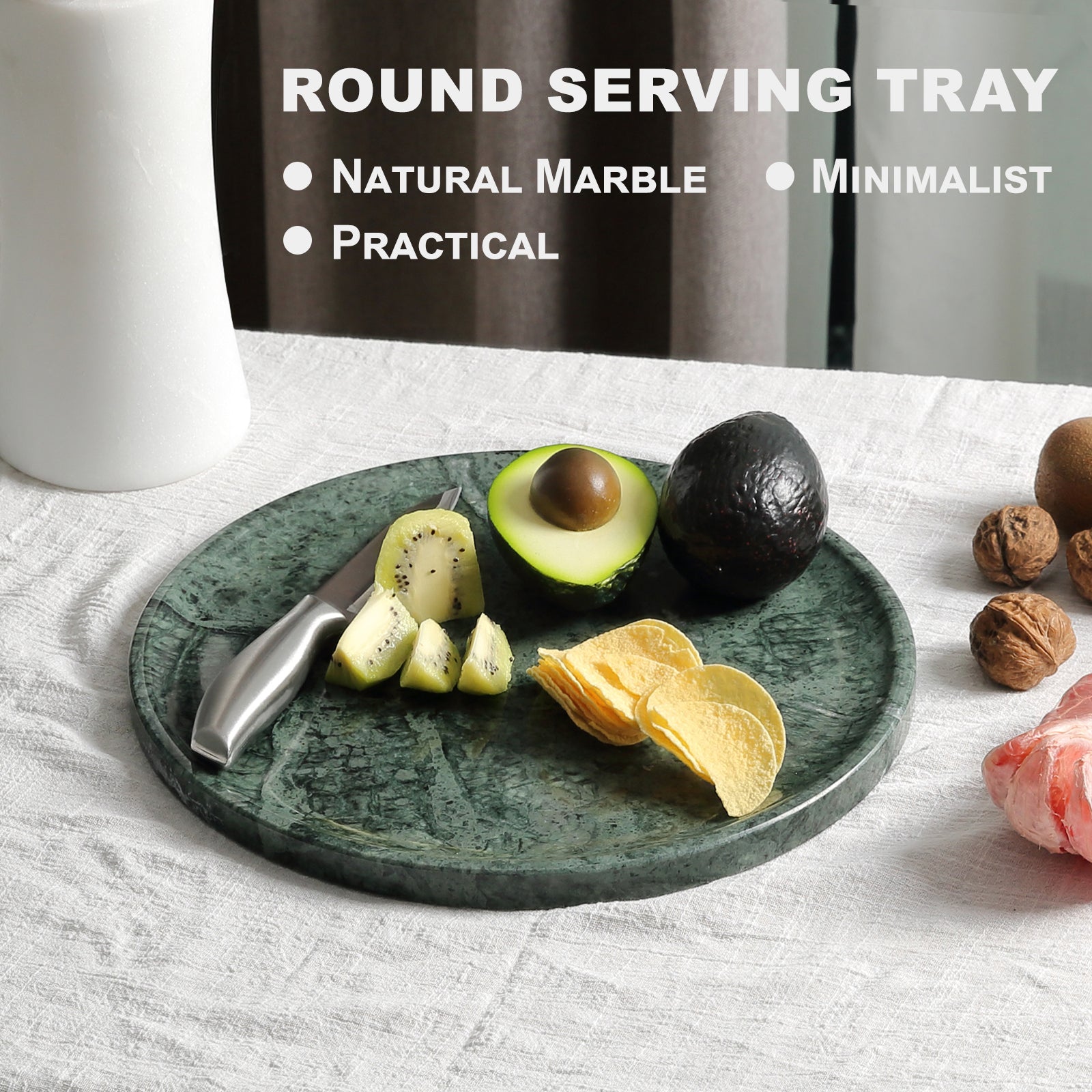 Koville round serving tray in multiple sizes for table styling in Indian Green natural stone
