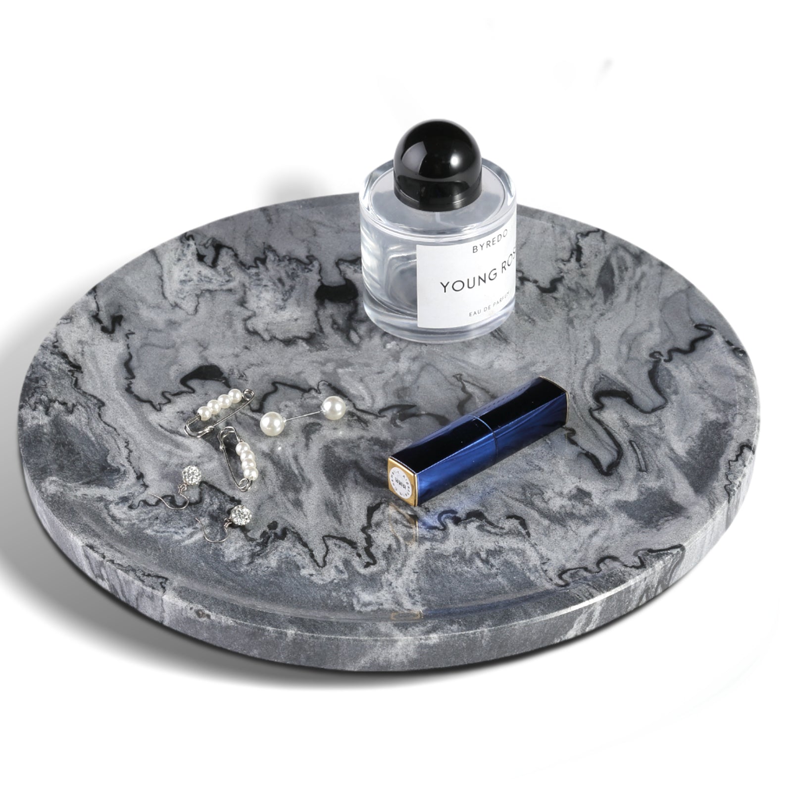 Koville round serving tray in multiple sizes for table styling in Monte Grigio natural stone
