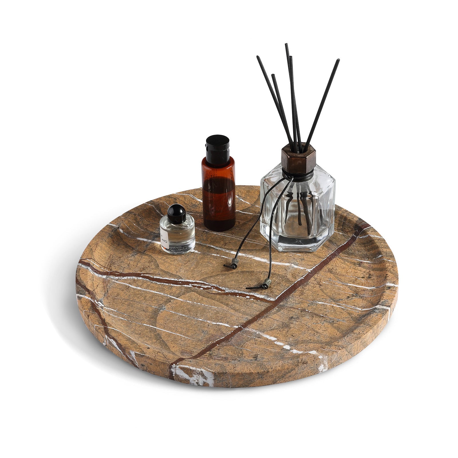 Koville round serving tray in multiple sizes for table styling in Rainforest Gold natural stone