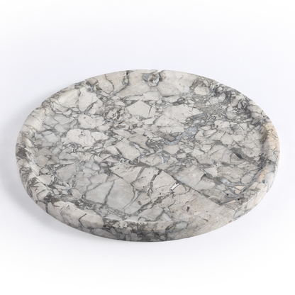 Koville round serving tray in multiple sizes for table styling in Silver Pearl natural stone